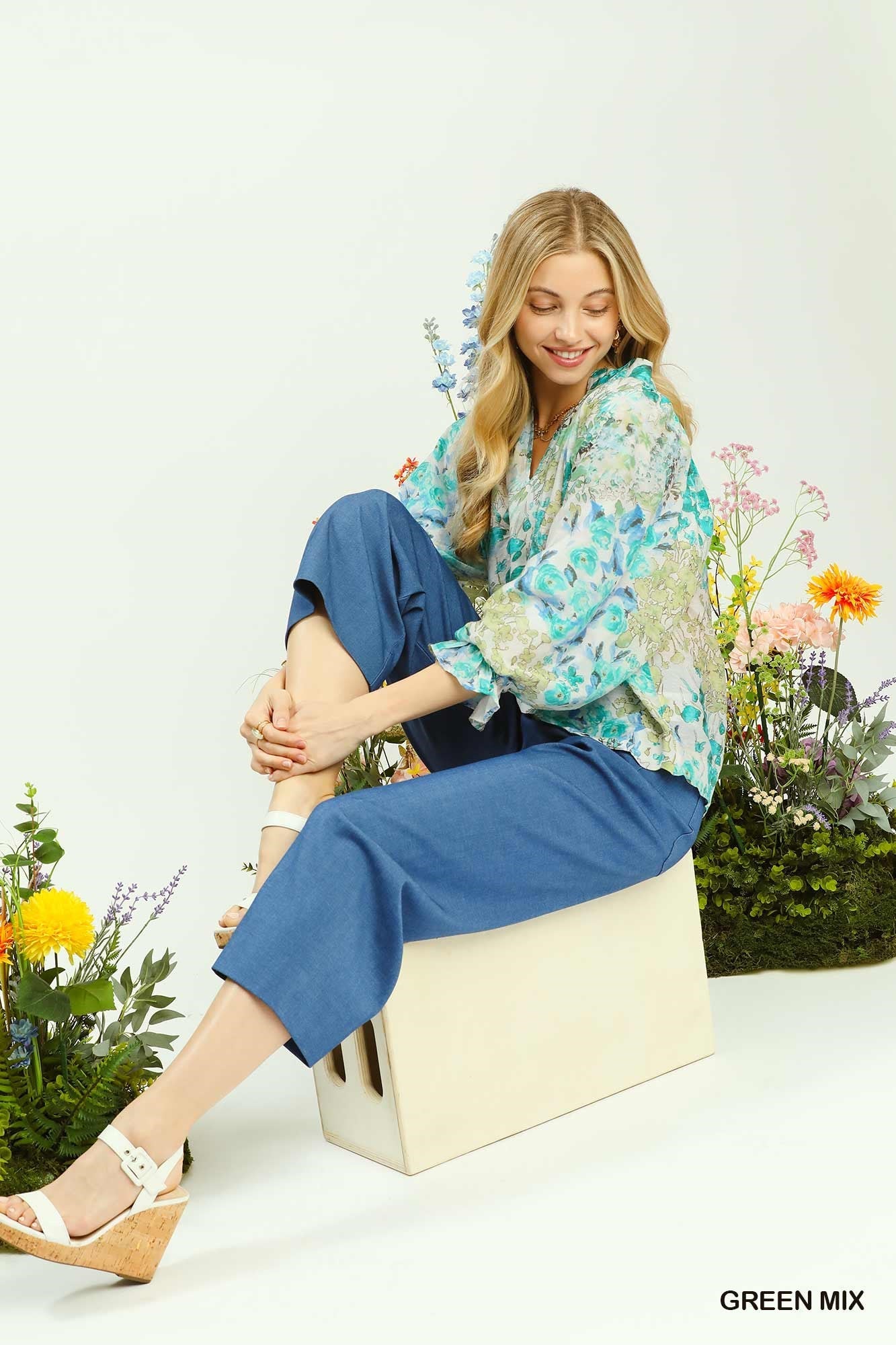Umgee Watercolor Floral Blouse with Flounce Sleeve - Glamourous Grace