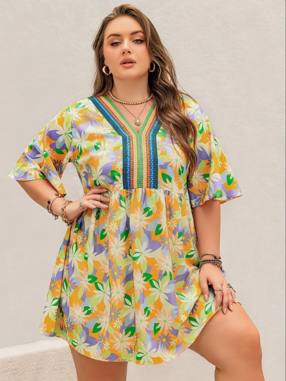 Plus Size Printed V-Neck Half Sleeve Mini Dress - Glamourous Grace
