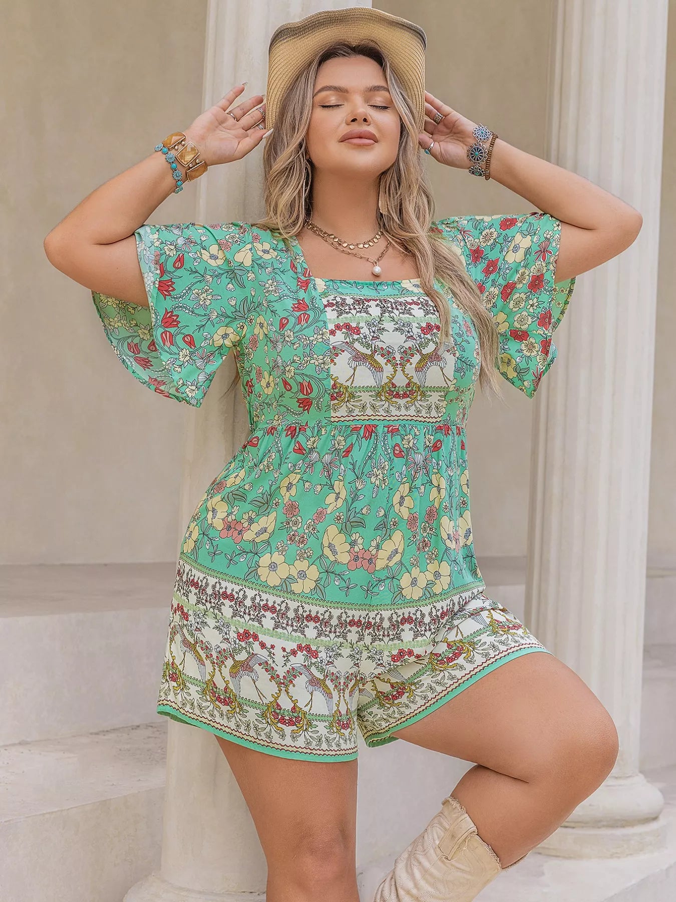 Plus Size Floral Print Square Neck Romper - Glamourous Grace