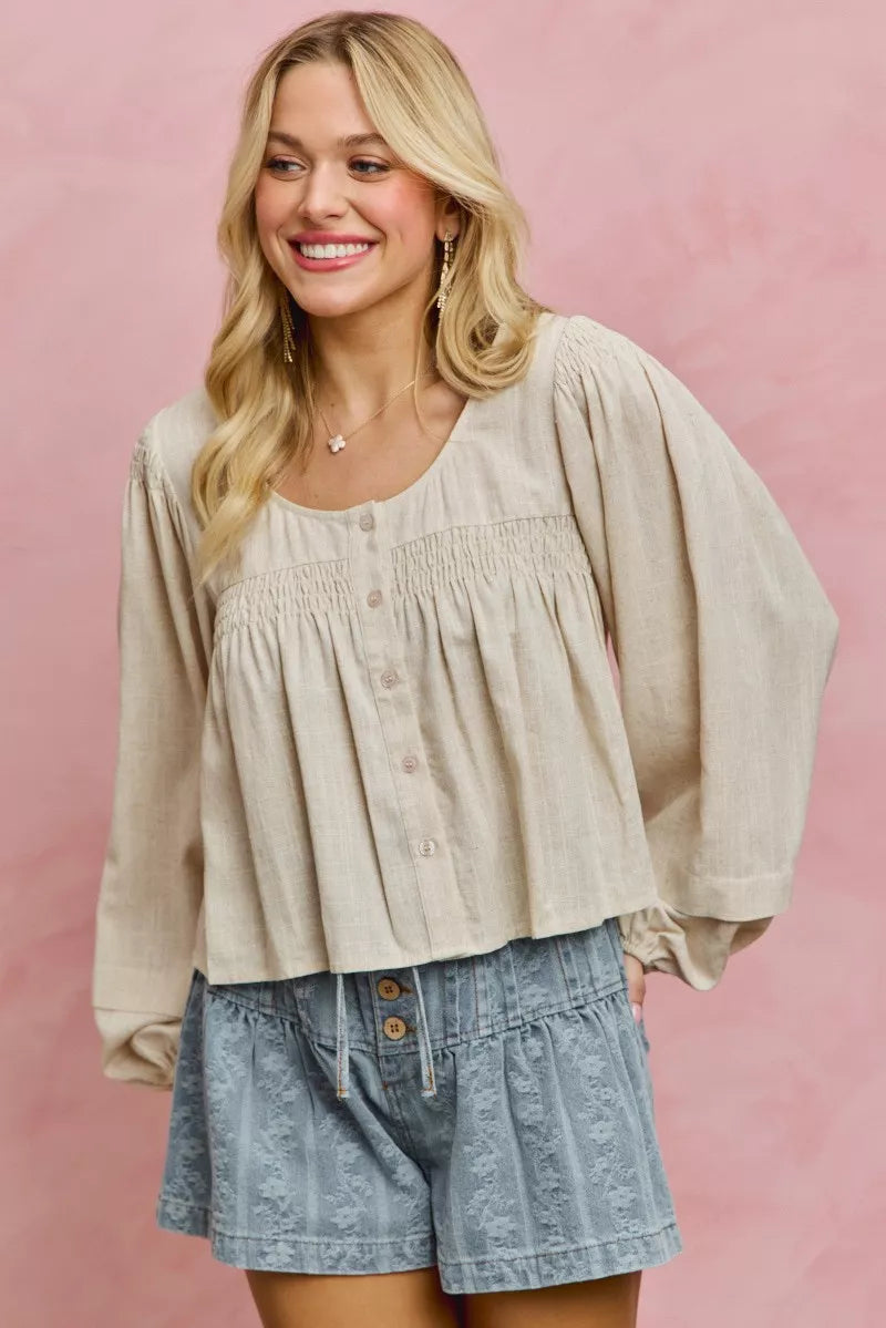 SO ME Linen Blend Woven Long Sleeve With Smocking Top - Glamourous Grace