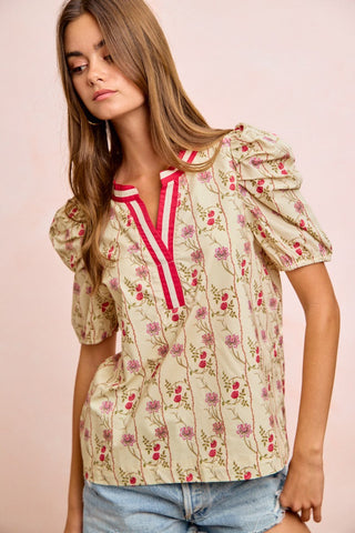 BiBi Floral Gather Sleeves Contrast Neckband Blouse Top - Glamourous Grace