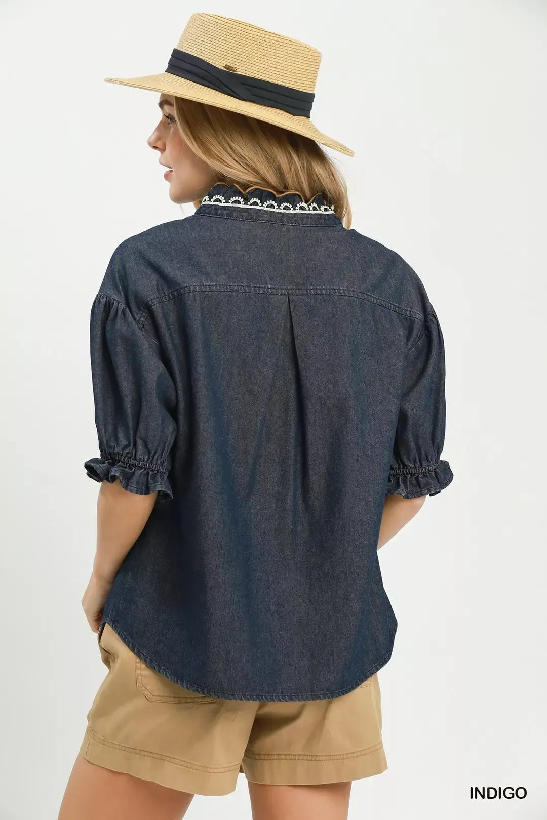 Umgee Chambray Scalloped Trim Button Front Blouse - Glamourous Grace