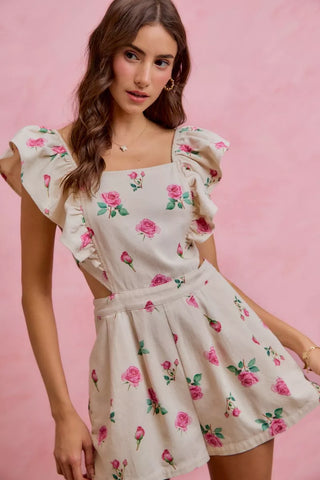 SO ME Floral Print Denim Cut Out Waist Ruffled Romper - Glamourous Grace