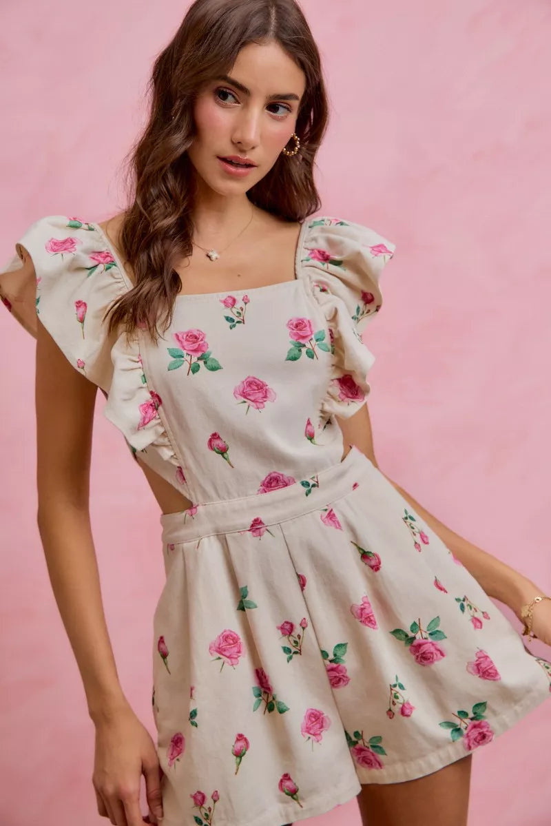 SO ME Floral Print Denim Cut Out Waist Ruffled Romper - Glamourous Grace