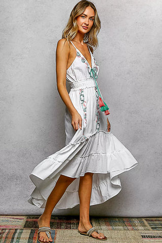 POL Embroidered Detail Tassel Tie Smocked Waist Midi Tiered Cami Dress - Glamourous Grace