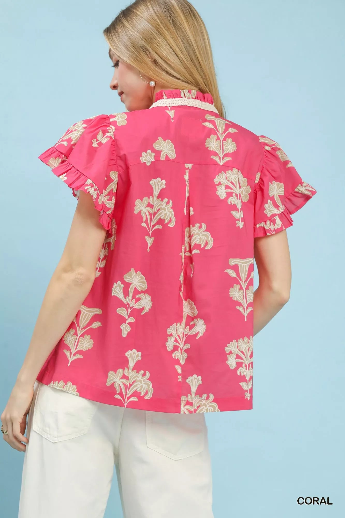 Umgee Floral Ruffle Sleeve Split-Neck Top - Glamourous Grace