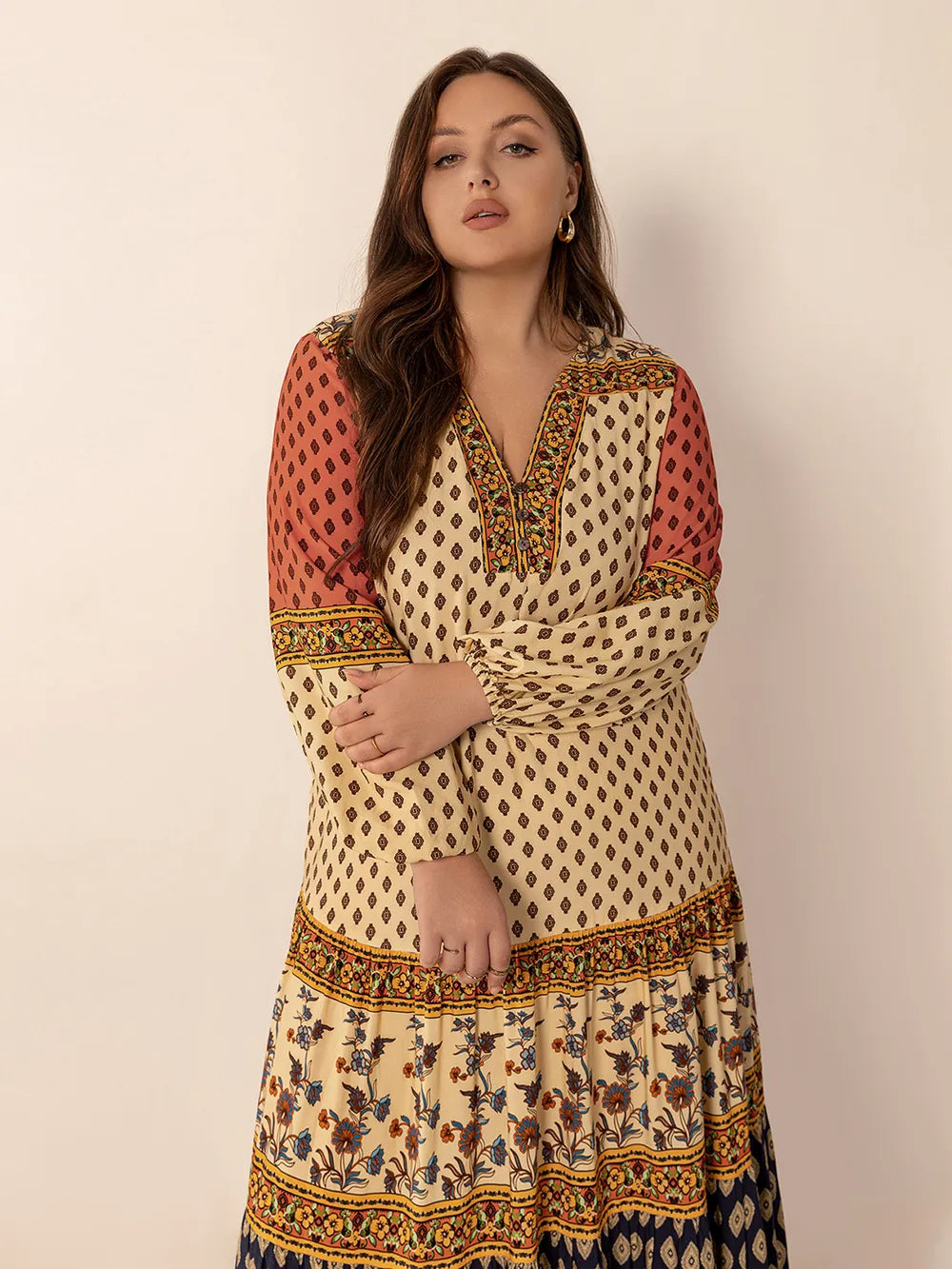 Plus Size Printed V-Neck Long Sleeve Maxi Dress - Glamourous Grace