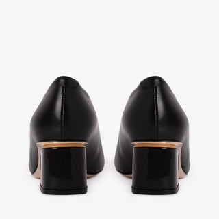 The Diva Black Leather Cap Toe Block Heel Pump Women Shoe - Glamourous Grace