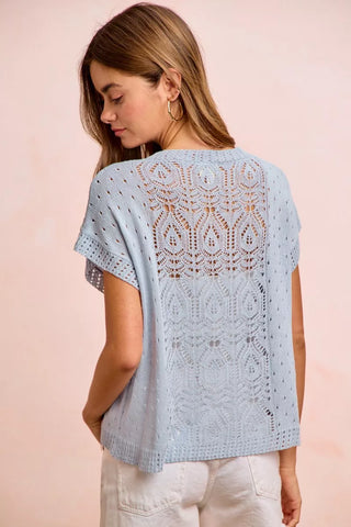 BiBi Washed Eyelet Short Sleeve Breathable Knit Top - Glamourous Grace