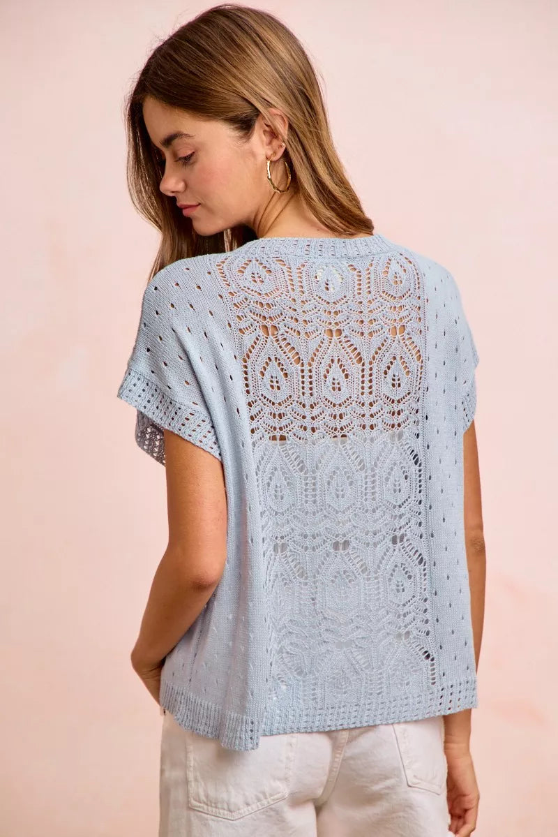 BiBi Washed Eyelet Short Sleeve Breathable Knit Top - Glamourous Grace