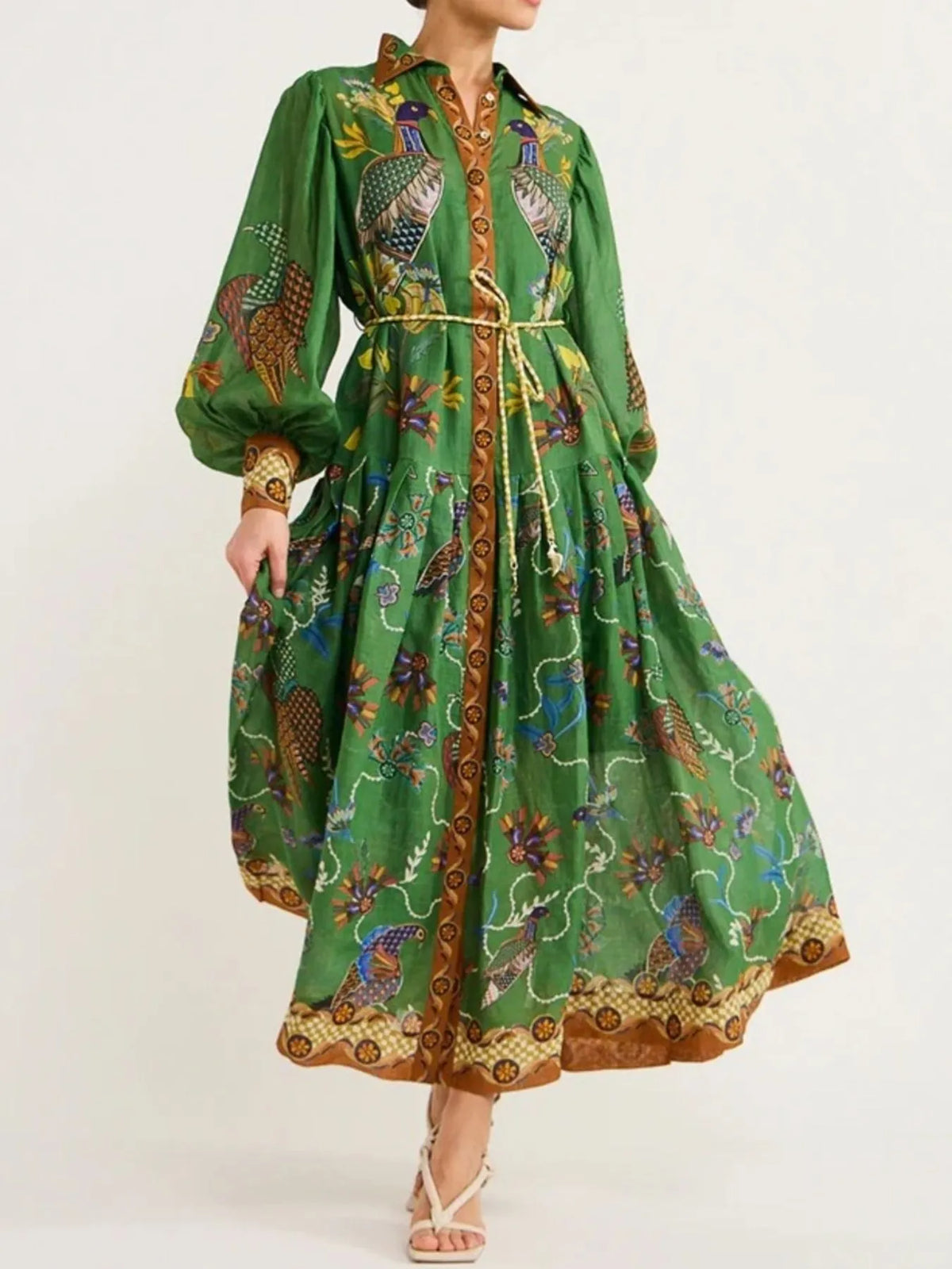 Printed Lantern Sleeve Maxi Shirt Dress - Glamourous Grace
