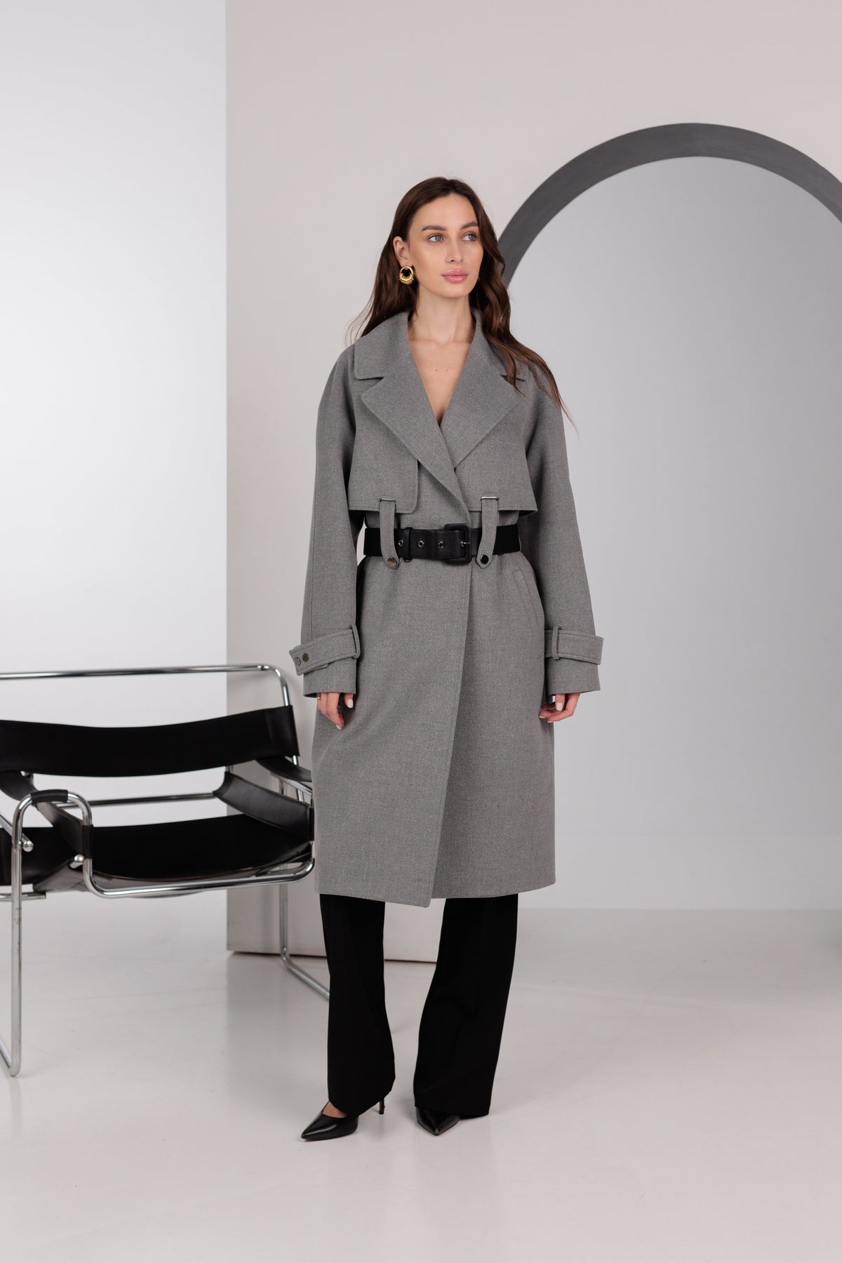 Karina Belted Wool Cashmere Blend Overcoat in Grey