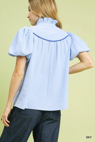 Umgee Textured Puff Sleeve Blouse in Sky - Glamourous Grace
