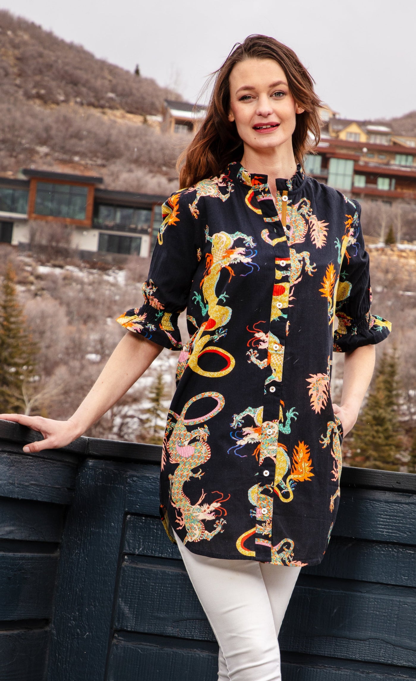 Big Shirt Tunic with Ruffle Black Dragon - Glamourous Grace