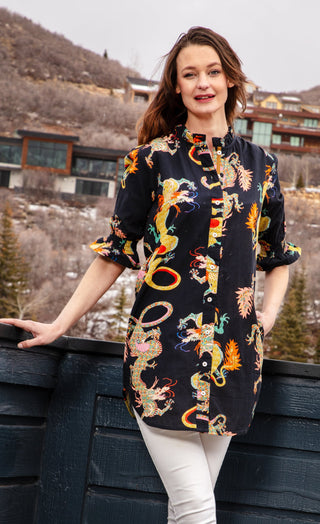 Big Shirt Tunic with Ruffle Black Dragon - Glamourous Grace