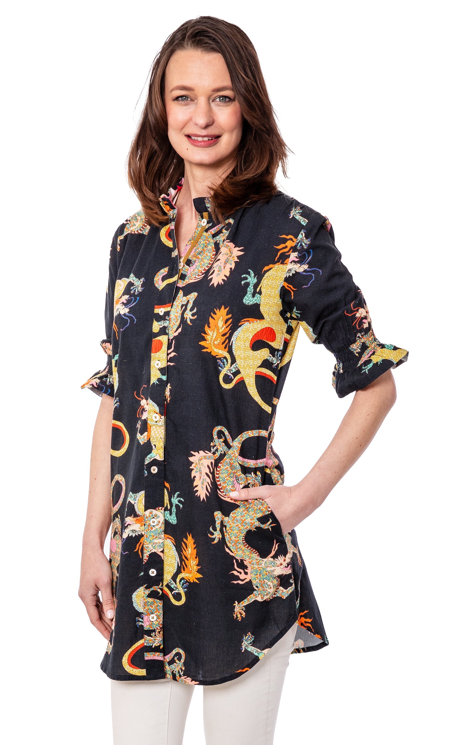 Big Shirt Tunic with Ruffle Black Dragon - Glamourous Grace