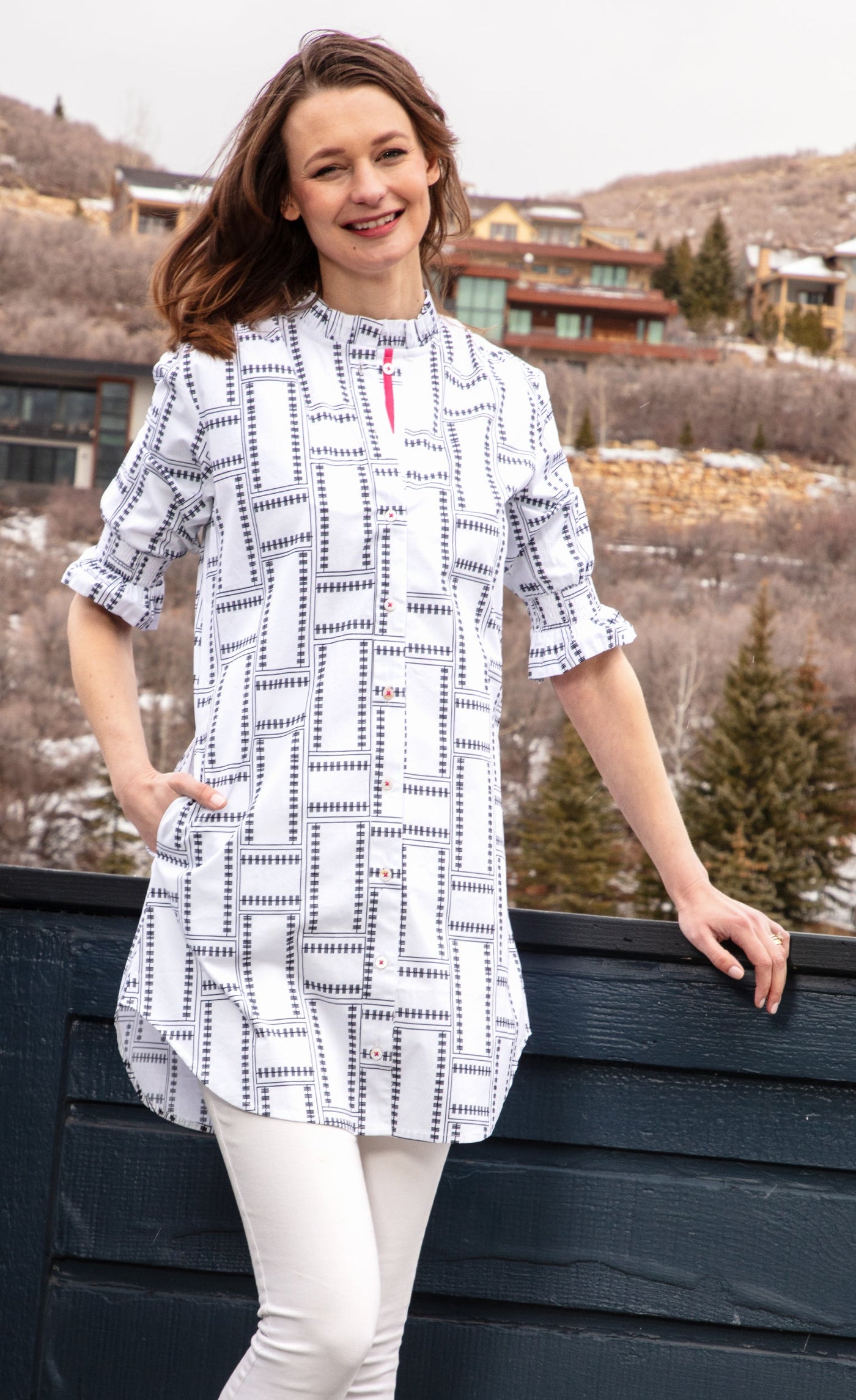 Big Shirt Tunic with Ruffle Sleeves White Geo - Glamourous Grace