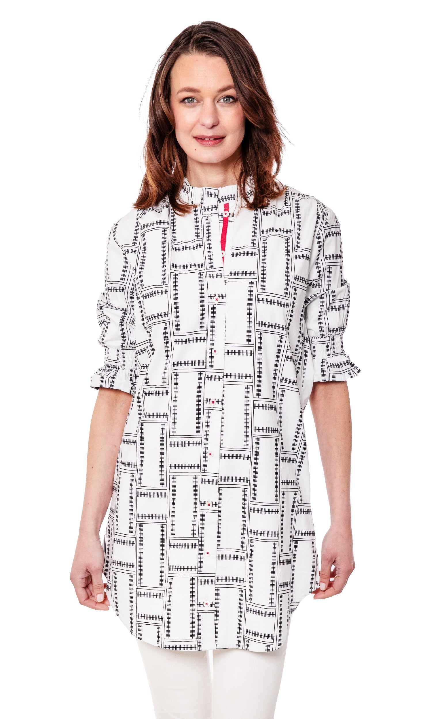 Big Shirt Tunic with Ruffle Sleeves White Geo - Glamourous Grace