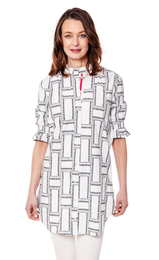 Big Shirt Tunic with Ruffle Sleeves White Geo - Glamourous Grace