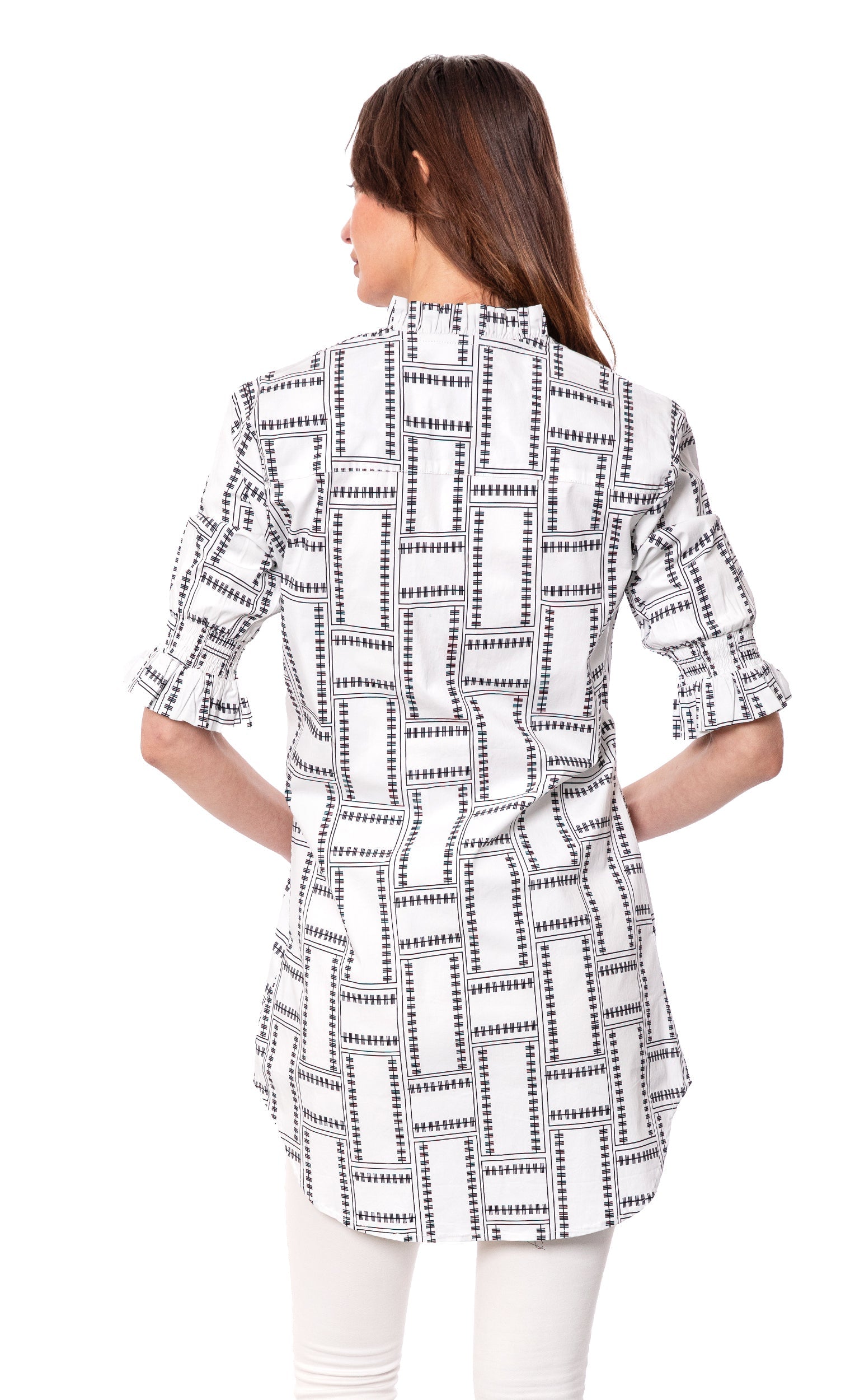 Big Shirt Tunic with Ruffle Sleeves White Geo - Glamourous Grace