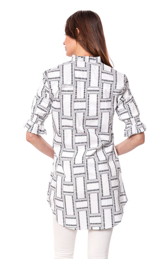 Big Shirt Tunic with Ruffle Sleeves White Geo - Glamourous Grace