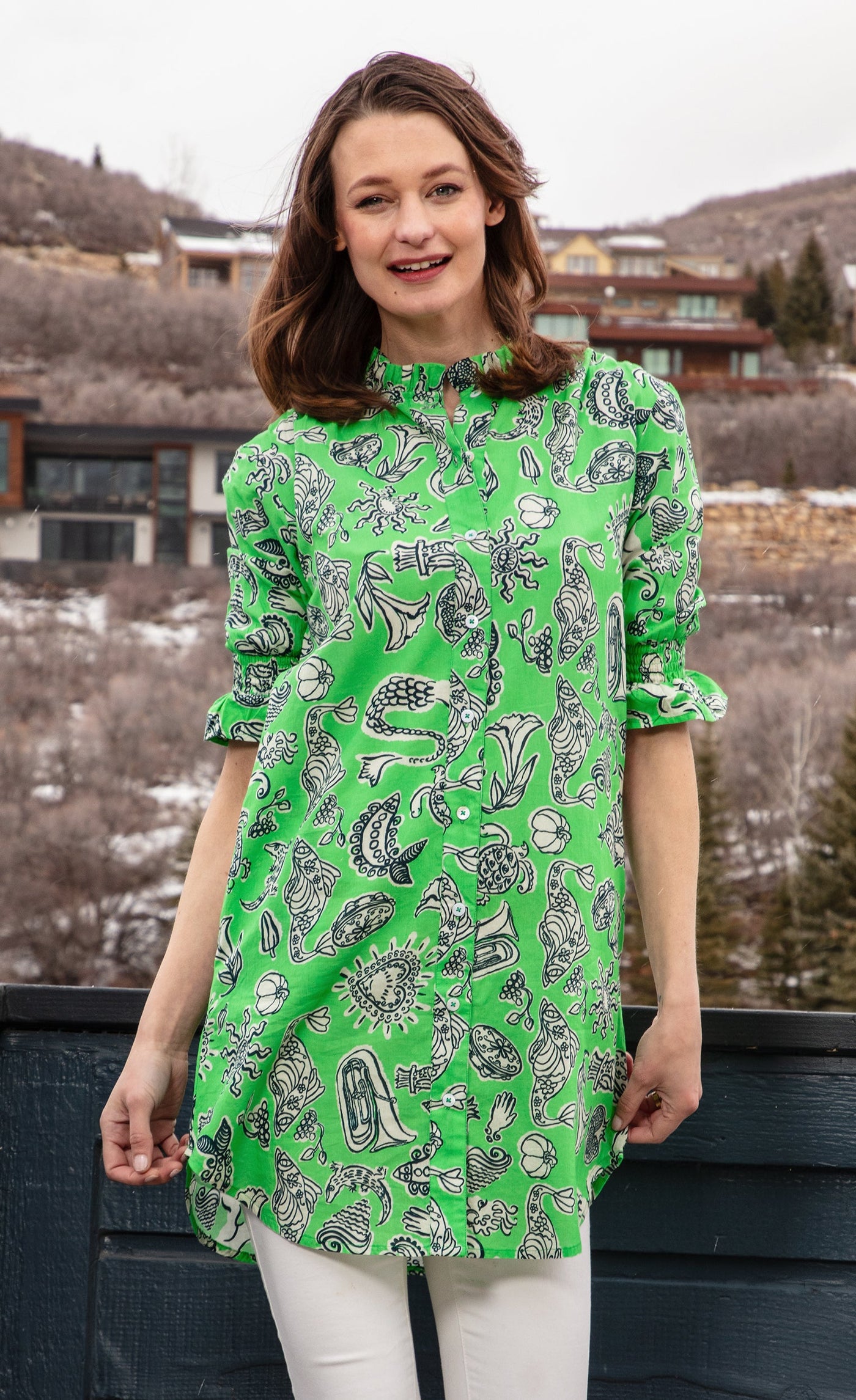 Big Shirt Tunic with Ruffle Green Whimsy Print - Glamourous Grace