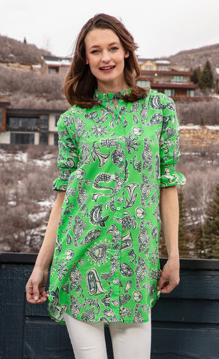 Big Shirt Tunic with Ruffle Green Whimsy Print - Glamourous Grace