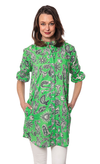 Big Shirt Tunic with Ruffle Green Whimsy Print - Glamourous Grace