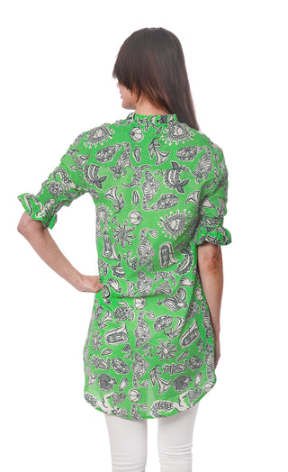 Big Shirt Tunic with Ruffle Green Whimsy Print - Glamourous Grace