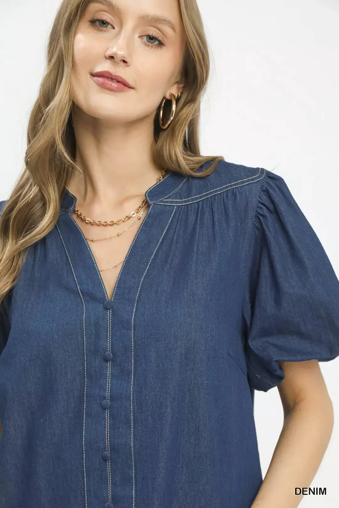 Umgee Denim Button Front Puff Sleeve Boho Blouse - Glamourous Grace