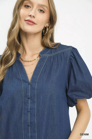 Umgee Denim Button Front Puff Sleeve Boho Blouse - Glamourous Grace