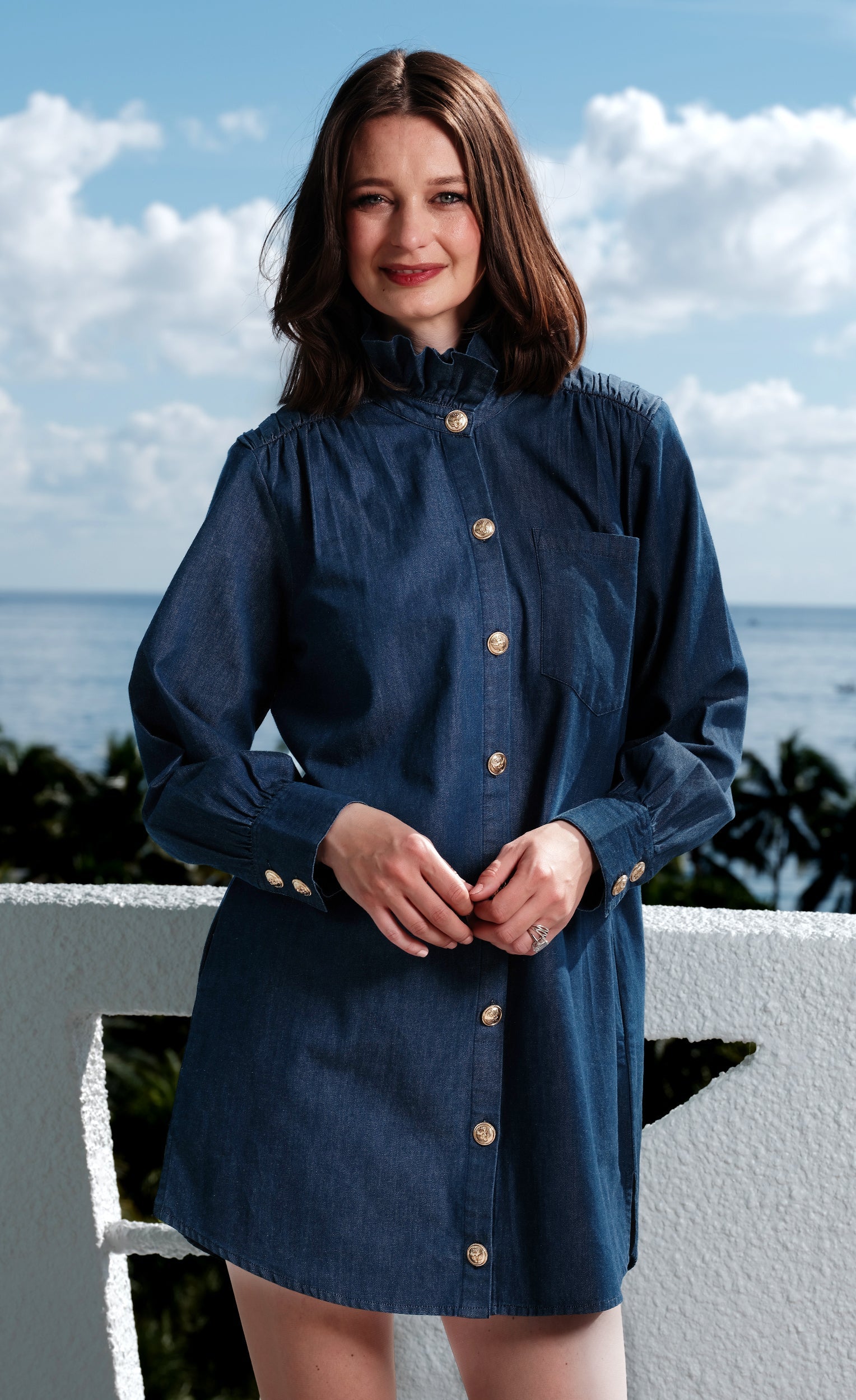 Denim Tunic with Ruffle Neck and Side Pockets - Glamourous Grace