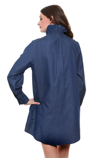 Denim Tunic with Ruffle Neck and Side Pockets - Glamourous Grace