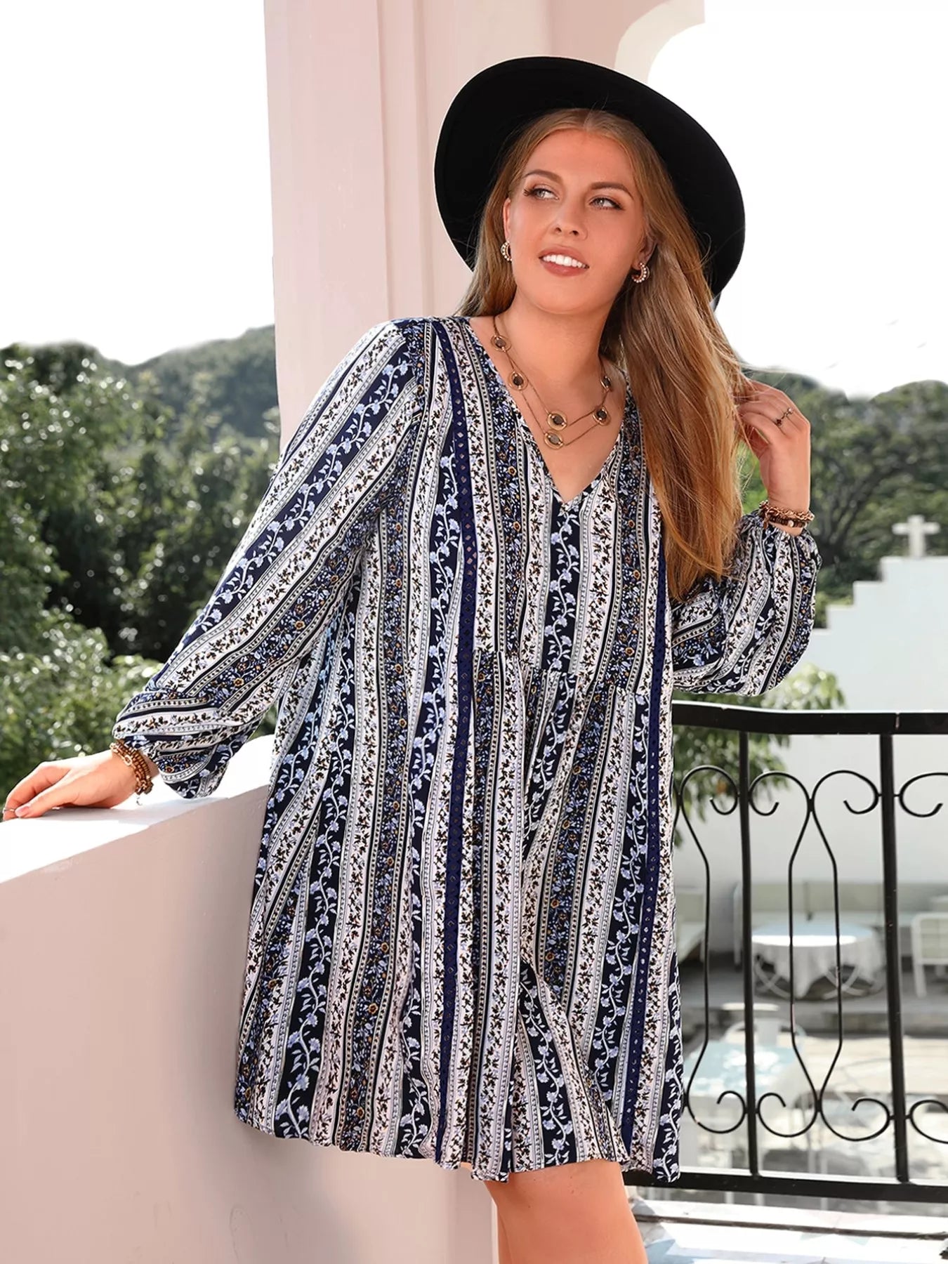Plus Size Boho Print V-Neck Long Sleeve Mini Dress - Glamourous Grace
