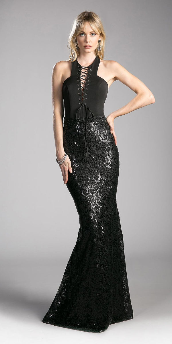 Cinderella Divine 62495 Halter Lace Up Bodice Sequins Gown Open Back - Glamourous Grace