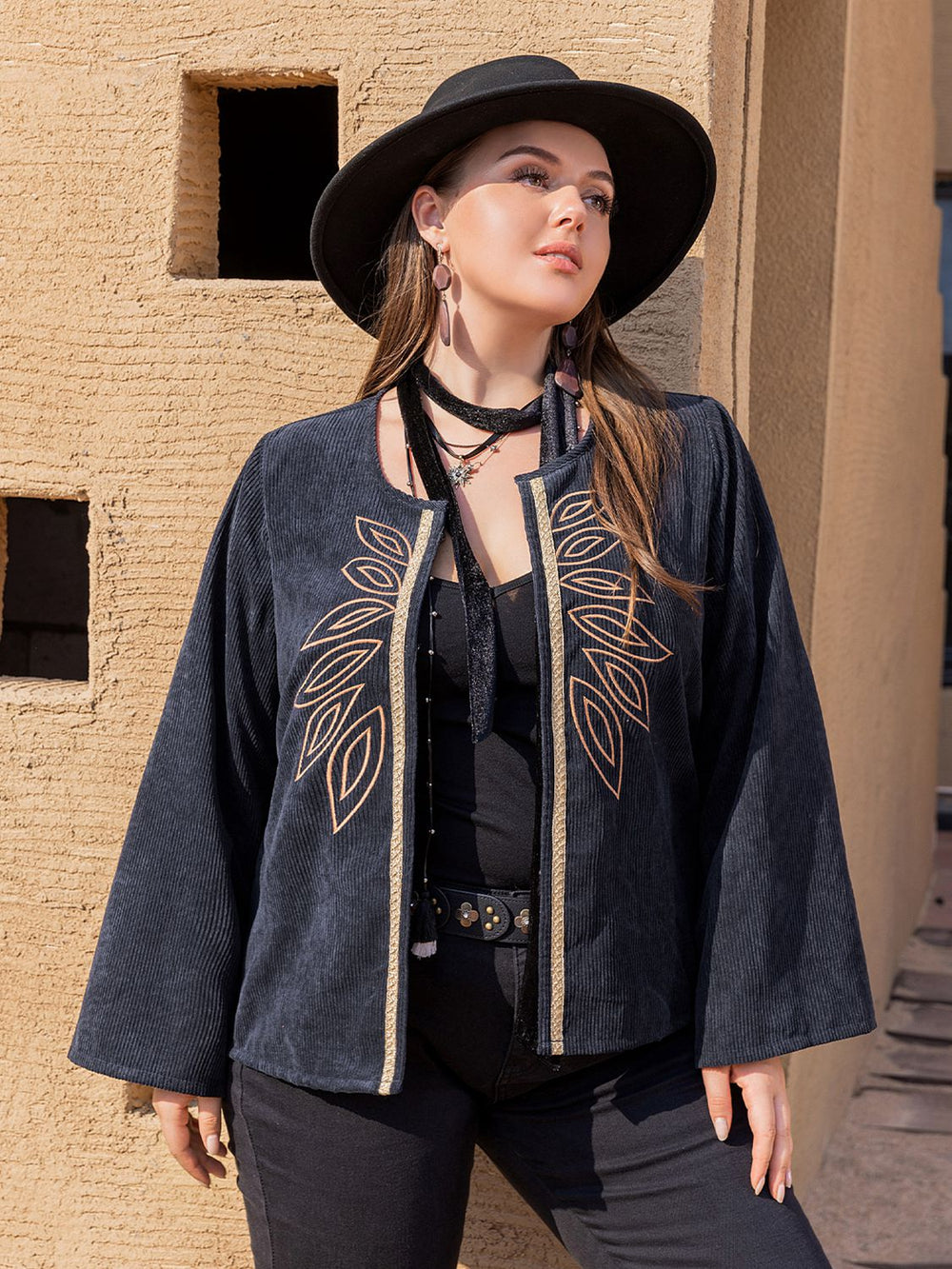 Plus Size Embroidered Open Front Jacket - Glamourous Grace