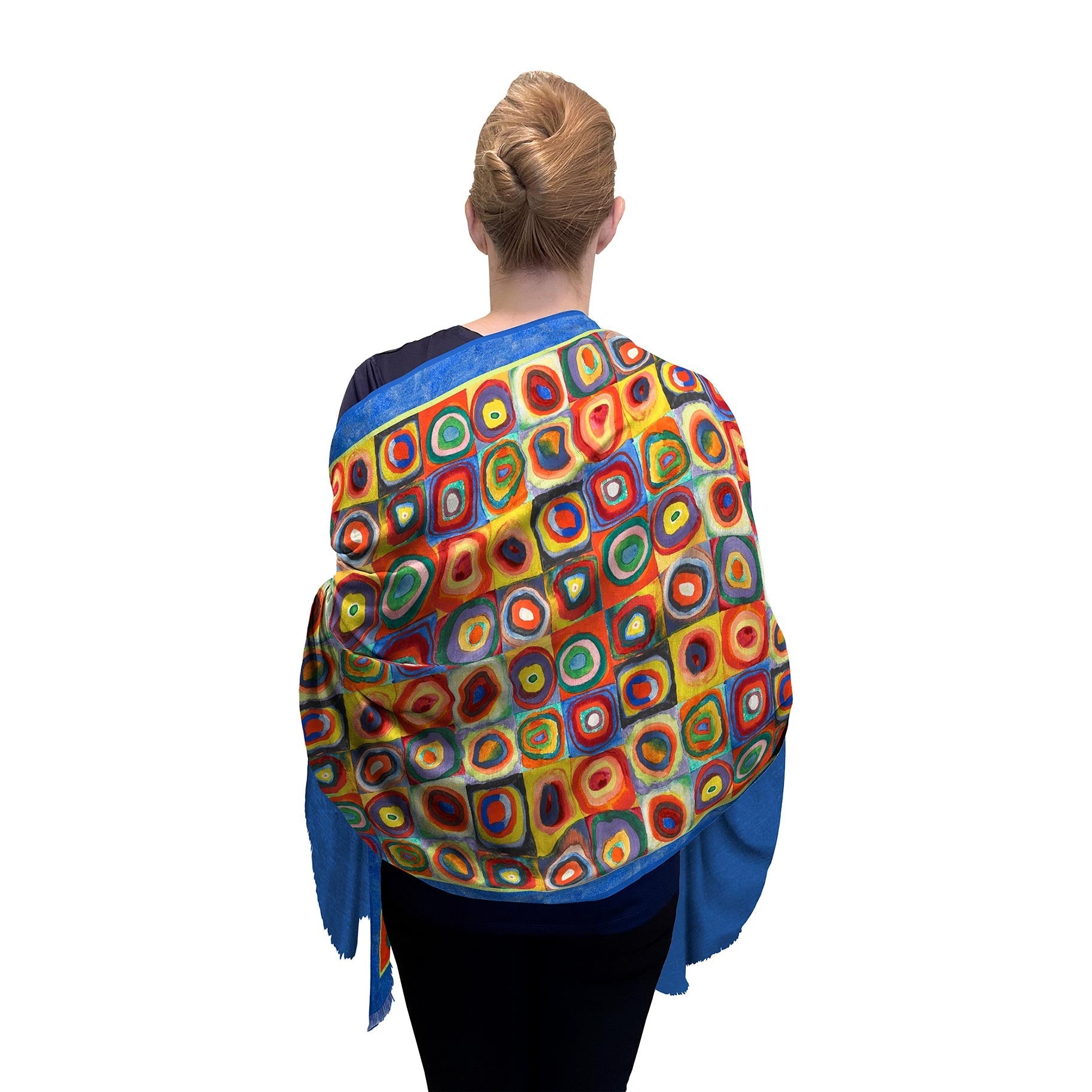 Kandinsky Squares with Concentric Circles Silk Blend Shawl – Lightweight Dressy Wrap for Women