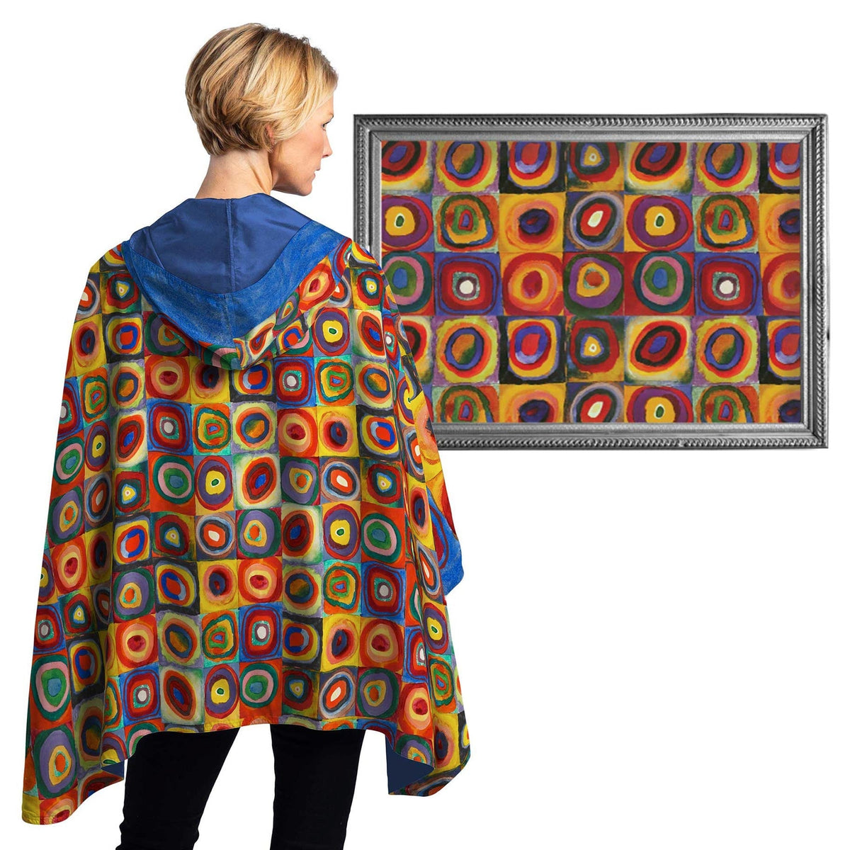 Kandinsky Squares with Concentric Circles Reversible Rain Cape Poncho – Lightweight Hooded Wrap for Women