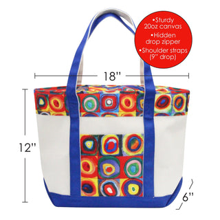 Kandinsky Squares with Concentric Circles Large Canvas Boat Tote – Zipper Top & Pockets