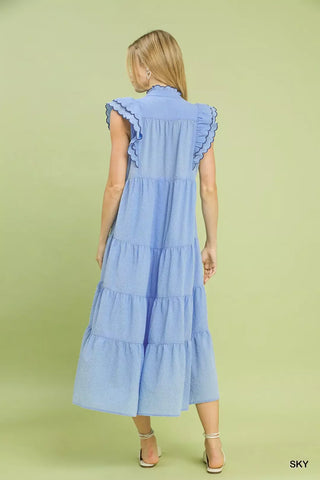Umgee Seersucker Ruffle Sleeve Tiered Midi Dress - Glamourous Grace