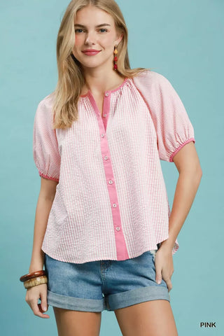 Umgee Checker Puff Sleeve Button Front Blouse - Glamourous Grace