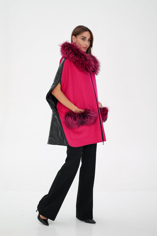 Saga®Furs Silver Fox Wool Alpaca Poncho Vest in Fuchsia