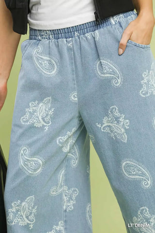 Umgee Denim Paisley Wide-Leg Pants - Glamourous Grace