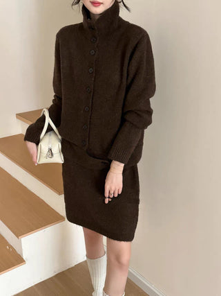 Women 2026 Fall Winter New Arrival, Vintage Button Stand Collar Cardigan Sweater, Loose Casual Knit Midi Skirt 2-Piece Outfit Set