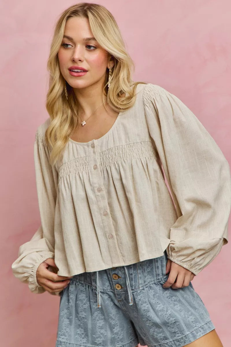 SO ME Linen Blend Woven Long Sleeve With Smocking Top - Glamourous Grace