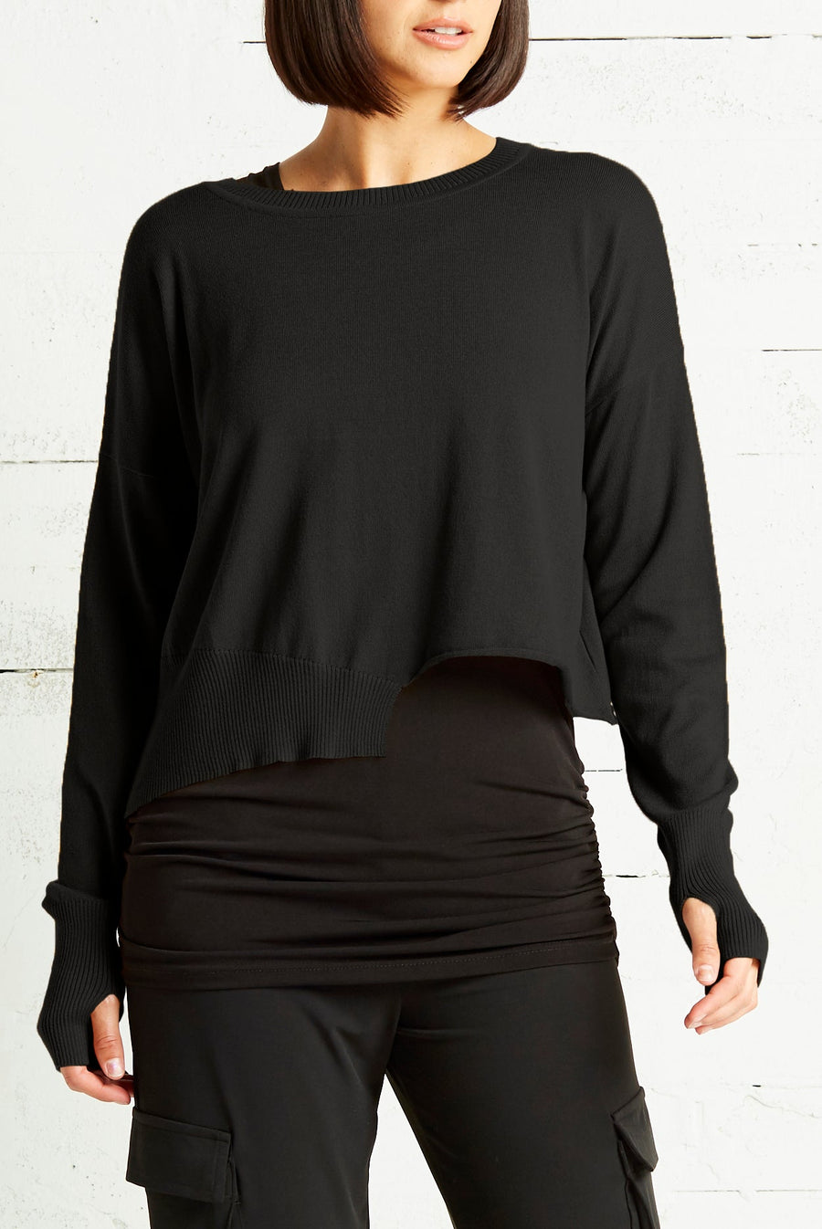 Pima Cotton Mini Knit Crewneck Sweater - Black - Glamourous Grace