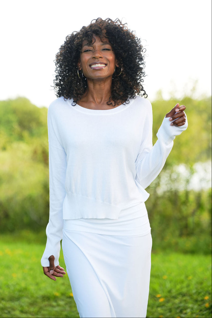 Pima Cotton Mini Knit Crewneck Sweater - White - Glamourous Grace