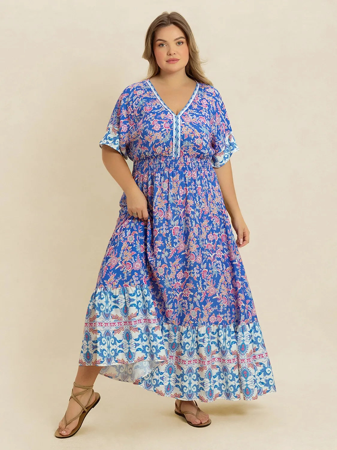 Plus Size Smocked Printed Half Sleeve Midi Dress - Glamourous Grace