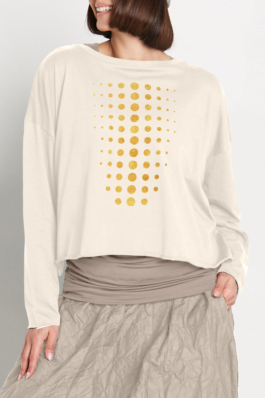 Pima Cotton Metallic Dot Dot Dot Mini Luxury Boxy T-Shirt - Stone/GoldF - Glamourous Grace