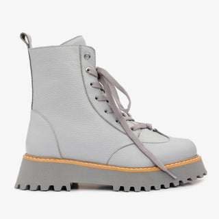 The Yildiz Gray Leather Lace-Up Ankle Women Boot With a Side Zipper
